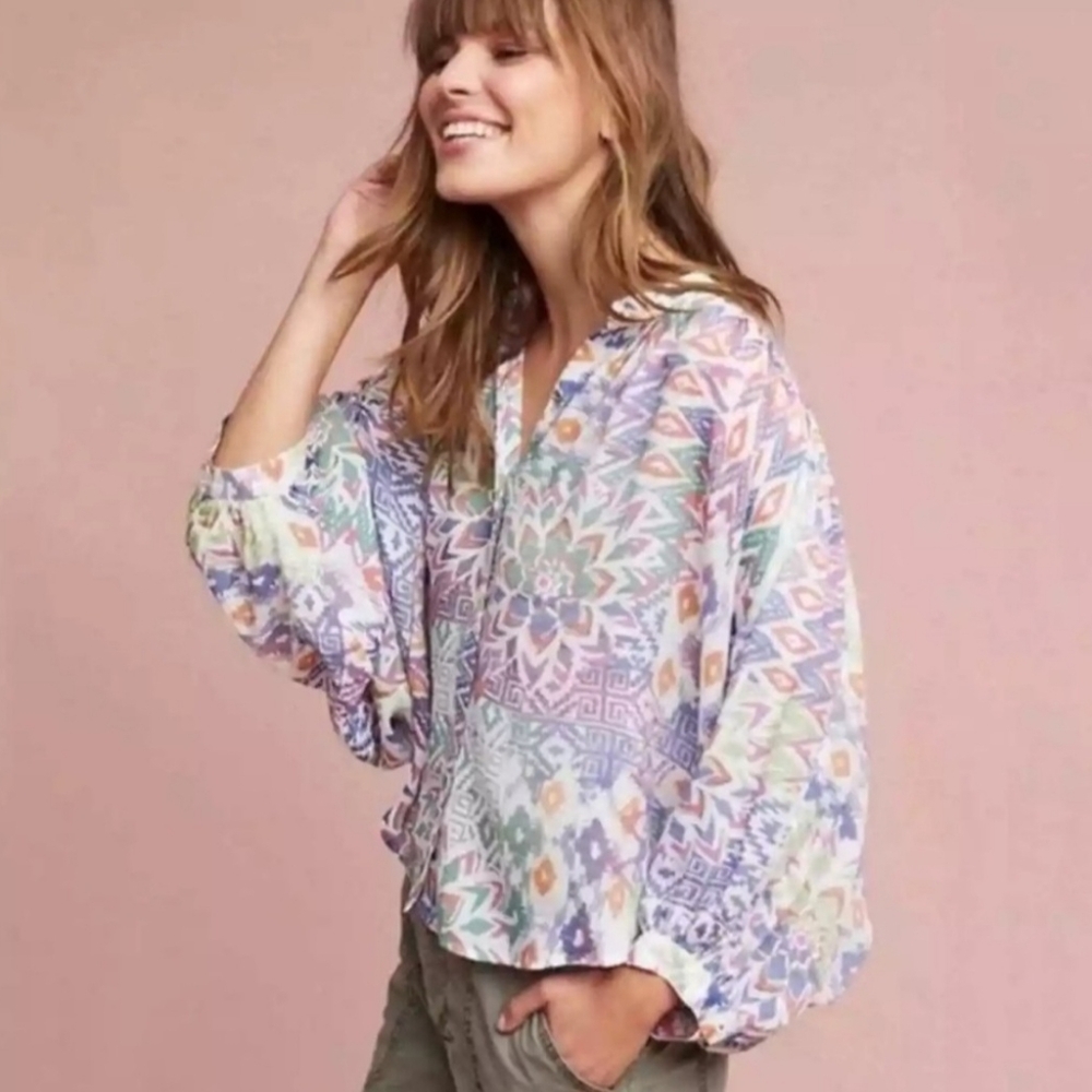 Maeve Brynna Ikat Boho Aztec Print Dolman Sleeve Button Down Top Oversized Small